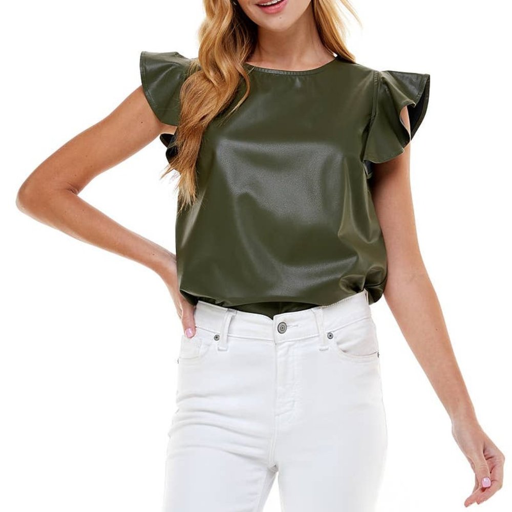 Olive VEGAN Top With Ruffle Sleeves